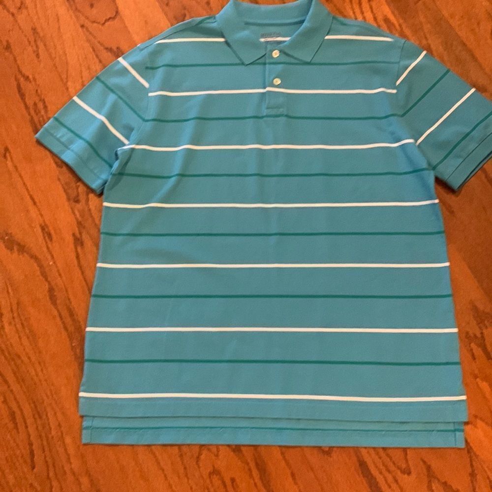 MERONA Classic fit polo size Large beautiful blue and white stripe.